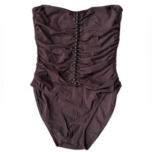 Karla Colletto Basics Ruched One Piece Swimsuit Brown Button Detail Size 14